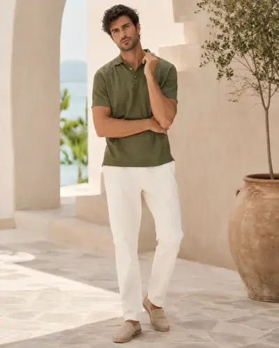 Merlot Olive Green Linen Polo T-Shirt