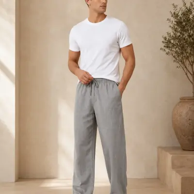 Grey Relaxed-Fit Cotton Linen Trousers