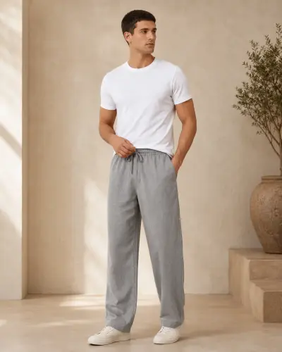 Grey Relaxed-Fit Cotton Linen Trousers