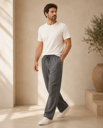 Dark Grey Relaxed-Fit Cotton Linen Trousers